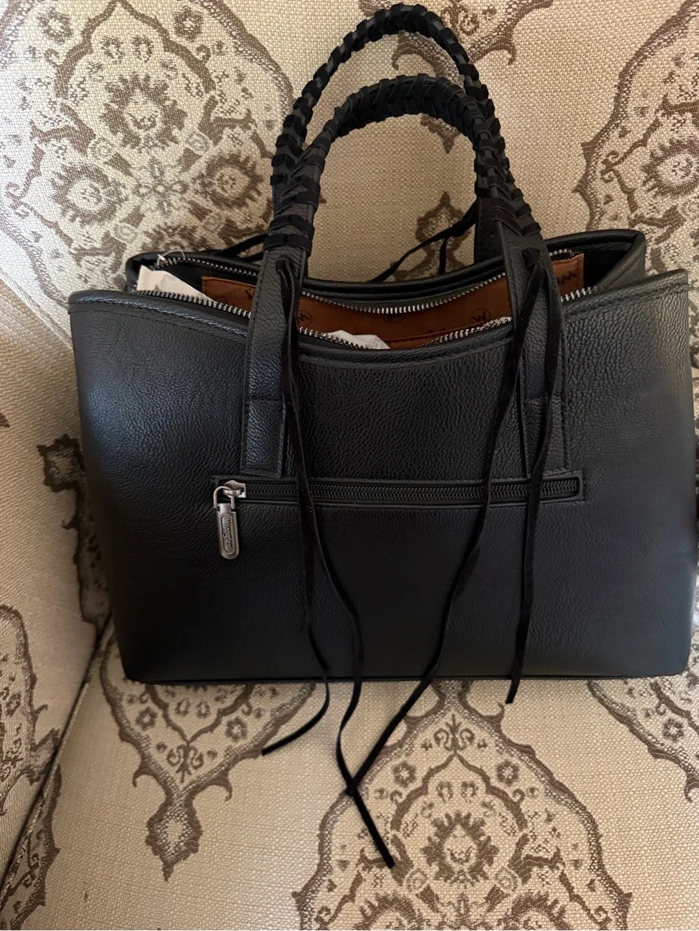 Wrangler Black Tote Bag with Braided Handles and Charms